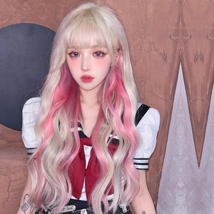 水舞lolita假发女长卷发白金渐变粉色挑染潮彩酷大波浪jk全头套式
