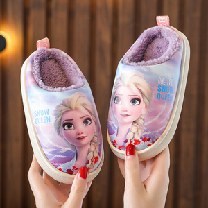 迪士尼艾莎儿童棉拖鞋冬季男孩女童pu皮防水室内保暖小孩毛绒拖