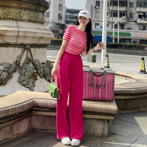时尚休闲运动套装女2022年夏季新款高级感玫红色短袖阔腿裤两件套