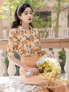 80年代港风女装穿搭高级感花衬衫法式复古chic连衣裙女夏炸街套装