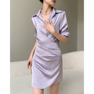 JWUNIQUE紫色长袖衬衫连衣裙女春季2024新款收腰显瘦短款包臀裙子