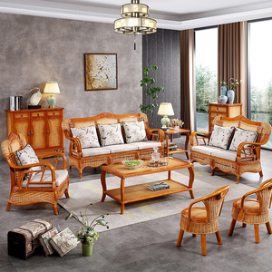 天然真藤编沙发组合客厅五件套藤艺藤木藤条藤椅三人顶腰设计沙发