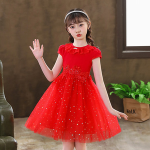 女童红色连衣裙夏款洋气六一儿童主持人礼服小女孩表演裙子演出服