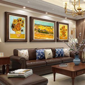 梵高名画美式客厅装饰画欧式沙发背景墙挂画纯手绘油画三联壁画