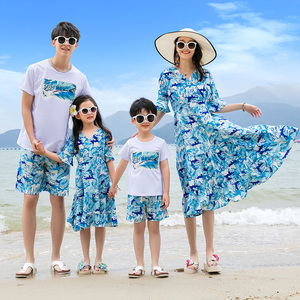 亲子装一家三口四口沙滩海边母女连衣裙夏季大码三亚度假短袖套装
