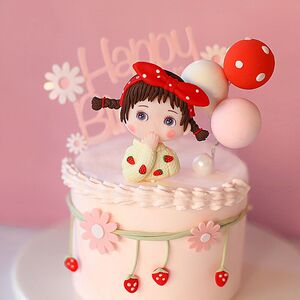 烘焙装饰草莓毛衣女孩双马尾蝴蝶结软陶儿童百天周岁生日蛋糕摆件