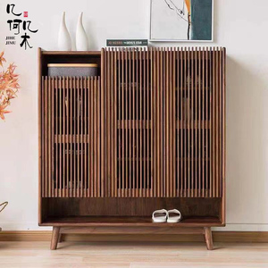 定制黑胡桃木室内简约大容量透气格栅鞋柜收纳储物实木玄关门厅柜