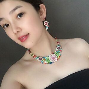 欧美彩色花朵水钻锁骨项链耳环套装轻奢甜美女礼服晚宴装饰品配饰