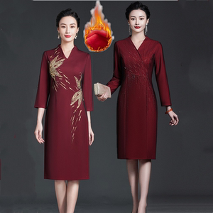 妈妈参加儿子结婚礼服连衣裙加绒喜婆婆婚宴装高贵洋气女秋冬旗袍