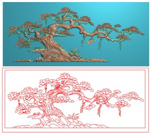 檀雕一棵松树大树迎客松沙发扶手靠背精雕图浮雕图bmp灰度图