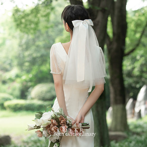 新娘婚纱领证登记主纱结婚礼蝴蝶结求婚短款简约双层拍照道具头纱