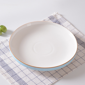 陶瓷盘子浅盘手绘浅蓝边釉下彩圆盘酒店饭店餐具