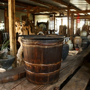 圆形大木桶 民俗老木器食器粮仓米缸复古风民宿家居装饰摆件花桶