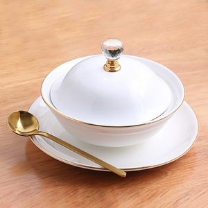 欧式描金燕窝碗宫廷奶汤碗古风陶瓷碗汤盅蒸蛋碗炖盅甜品碗不锈钢