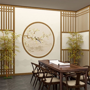 简约新中式古风壁画墙纸古韵淡雅茶室背景墙壁布原木客厅书房壁纸