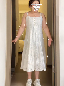 大码女装镂空白色蕾丝裙夏季微胖mm法式高级感遮肉垂感吊带连衣裙