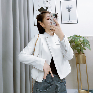 悦赫家白色小皮衣女装春秋冬超短款小个子pu皮机车服上衣夹克外套