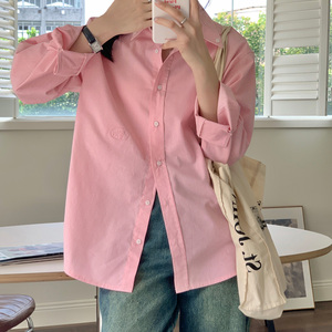 淡粉色衬衫女慵懒风bf宽松中长款纯棉上衣春秋polo领韩系条纹衬衣