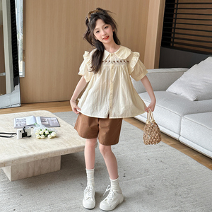 女孩洋气夏装2024新款时髦中大童娃娃领短袖上衣高腰短裤韩版套装