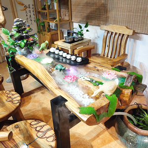 流水茶台养鱼循环实木茶桌景观流水茶桌假山家用禅意仿古创意茶台