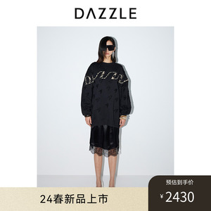 DAZZLE地素 卫衣2024春新款女装设计感千鸟格刺绣图案黑色上衣