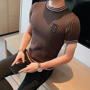 夏季冰丝针织短袖男士韩版修身T恤型男圆领时尚千鸟格线衫打底衫