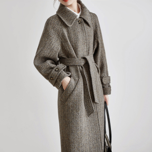 咖啡色加厚人字纹双面羊绒大衣女新款气质中长款直筒羊毛呢子外套