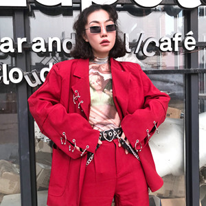 【发电站】2019春季新款金属圆环宽松中性款酒红色西装外套男女