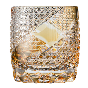 日本制江户切子水晶杯手工雕花麻叶四角笼目纹威士忌杯金色酒杯
