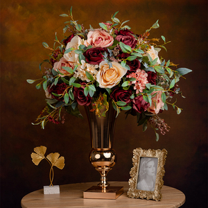 欧式红色复古仿真花艺套装摆件美式玫瑰装饰假花客厅玄关花瓶摆设