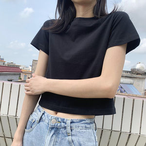 黑色短款t恤女韩版ins高腰显瘦棉质修身露脐短袖夏小个子打底衫潮