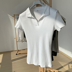 正肩polo衫短袖T恤女士2023新款翻领白色螺纹设计感打底上衣夏季