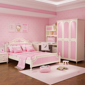 儿童粉色女孩床欧式小孩公主单人床现代简约书桌衣柜套装组合家具