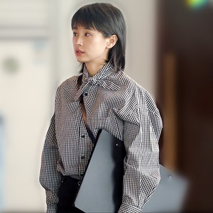 第二次也很美王子文安安同款衣服春秋2021新格子蝴蝶结宽松衬衫女