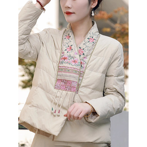 新中式短款羽绒棉服女冬季国风复古刺绣V领夹棉加厚保暖棉衣外套