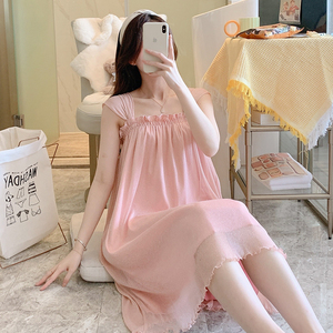 吊带睡裙女夏款仿真丝绸冰丝2022年新款性感网纱宫廷粉色睡衣裙子