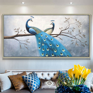 纯手绘油画孔雀图现代客厅沙发背景墙画简欧挂画装饰可定制壁画