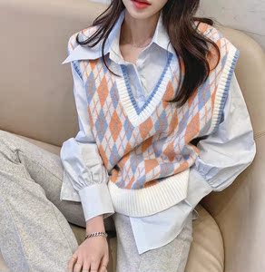 2021年早秋新款针织毛衣加背心坎肩马甲配衬衫女衬衣两件套装上衣