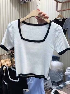 韩国东大门2024夏季新款洋气时尚短款拼色方领短袖针织衫女上衣潮