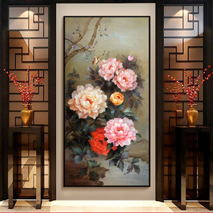新中式纯手绘油画牡丹花开富贵入户玄关客厅走廊过道竖版装饰挂画