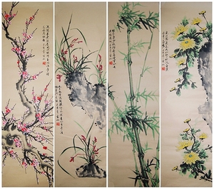 促销纯手绘四条屏仿古花鸟画梅兰竹菊国画四君子客厅办公装饰字画