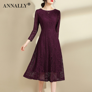 Annally2024春装新款法式优雅修身大摆中长款打底红色蕾丝连衣裙