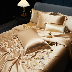 重磅35姆米双面桑蚕丝真丝四件套新中式刺绣花卉豪华别墅床上用品