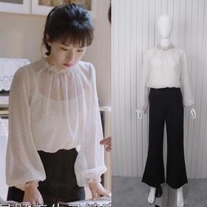 都挺好朱丽李念明星同款小波点雪纺衫白色罩衫宽松长袖上衣女