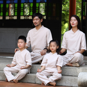 中国风亲子茶服棉麻打坐禅修居士服禅意中式儿童瑜伽服男女童套装
