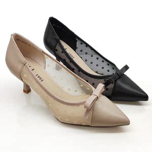 特价珠利莱正品211-96006真皮细跟浅口蝴蝶结尖头圆点网纱女单鞋