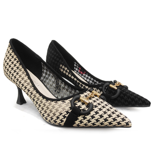 珠利莱22-16212细跟千格鸟棋盘格女鞋2022夏款浅口网纱小香风单鞋