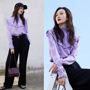 明星王鸥同款衬衫套装紫色上衣黑色大脚裤木耳边套头打底衫秋春款