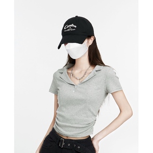 灰色翻领短袖t恤女设计感收腰显瘦2024夏季韩版上衣