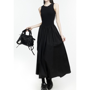 韩版简约黑色连衣裙女小众设计吊带背心无袖长裙夏季小个子